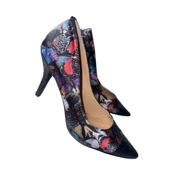 J Renee Butterfly Heels Print Glitter Pointy Toes Black Blue Purple Size 8 - Picture 3 of 8